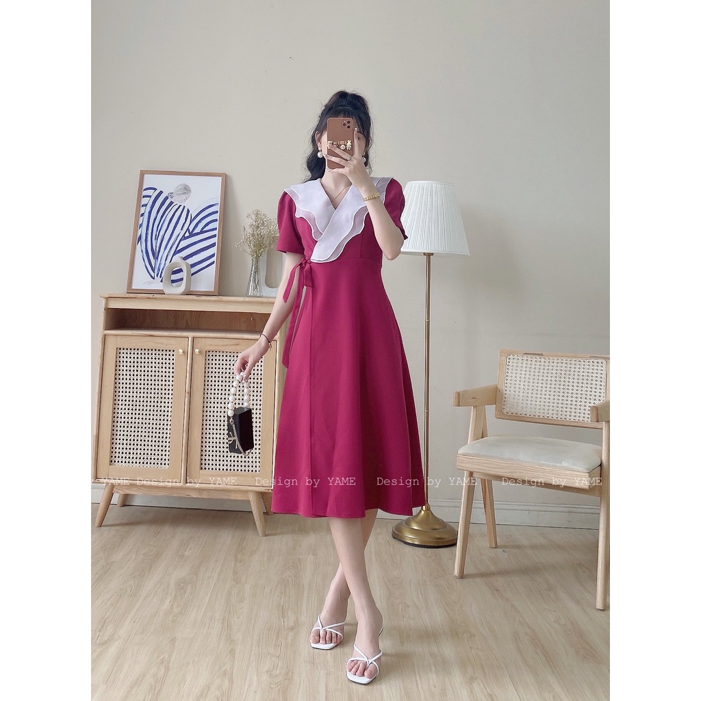 Váy dáng dài bắp chân đầm công sở bèo cổ tay bồng màu tím VIOLET DRESS YAME