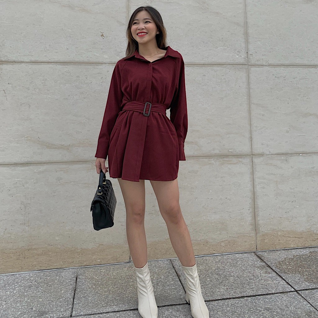 Áo sơ mi nữ trơn dài tay phối dây đai thắt eo cá tính dáng dài ulzzang