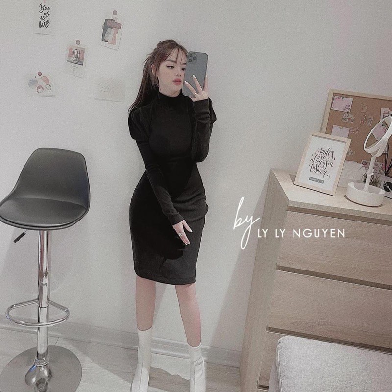 VÁY BODY LENZIP CAO CỔ TAY BỒNG - ĐEN XÁM