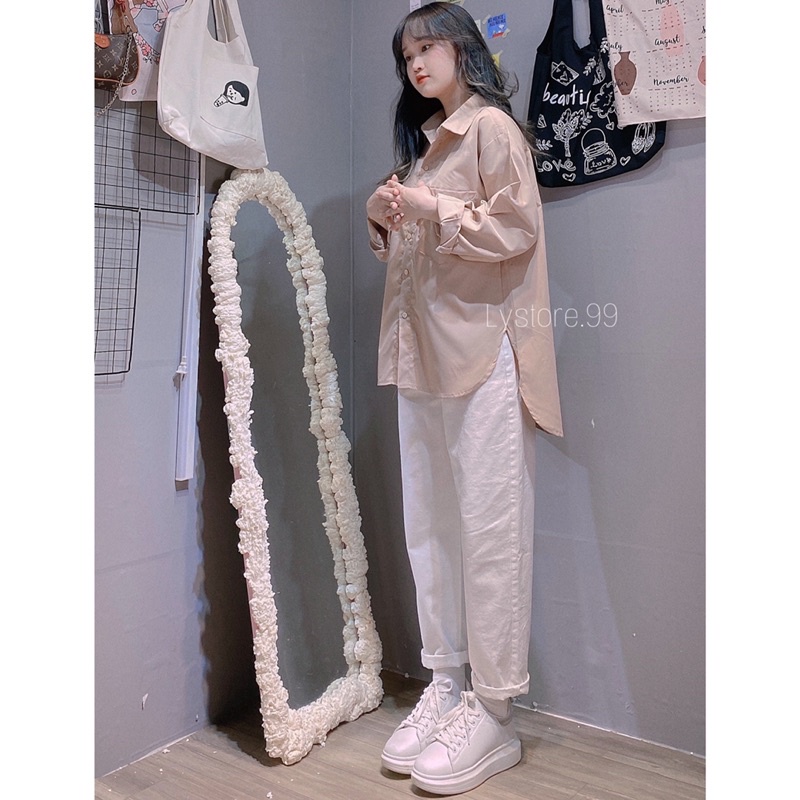 [Mã FAMARAL1 giảm 10K đơn 50K] (Hình shop tự chụp) Áo sơmi nâu vạt bầu + quần baggy trắng | BigBuy360 - bigbuy360.vn