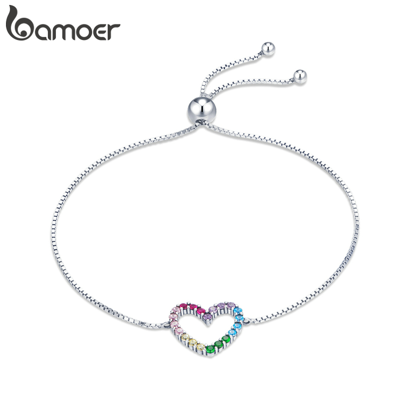 Vòng Tay Bamoer SCB216 100% Bạc 925 Với Mặt Dây Hình Trái Tim Màu Cầu Vồng Có Thể Điều Chỉnh Dành Cho Nữ