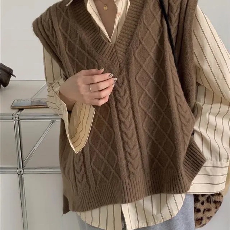 Set áo gile và sơ mi tone nâu tây siêu xinh dễ phối đồ có tách lẻ set phong cách ulzzang kèm ảnh thật
