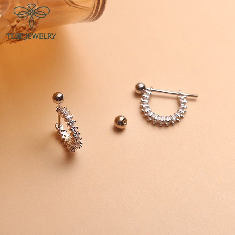 Khuyên tai bạc unisex cong nạm đá chốt vặn thẳng TleeJewelry B0149