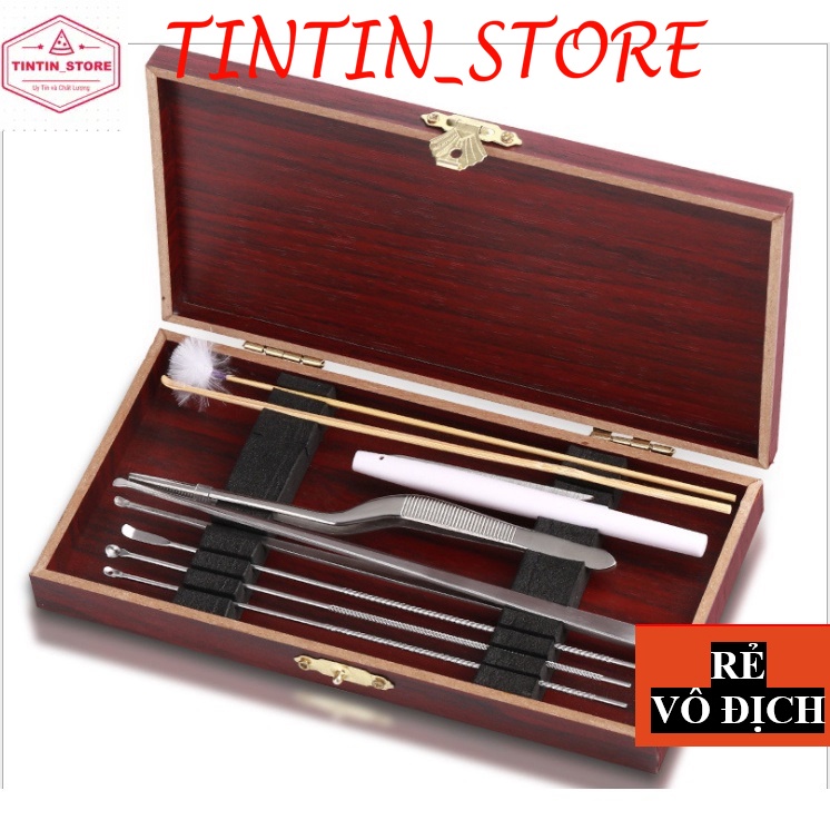 Dụng cụ lấy ráy tai 08 món cao cấp, nhíp lấy ráy tai, bộ ngoáy tai hộp gỗ chuyên nghiệp