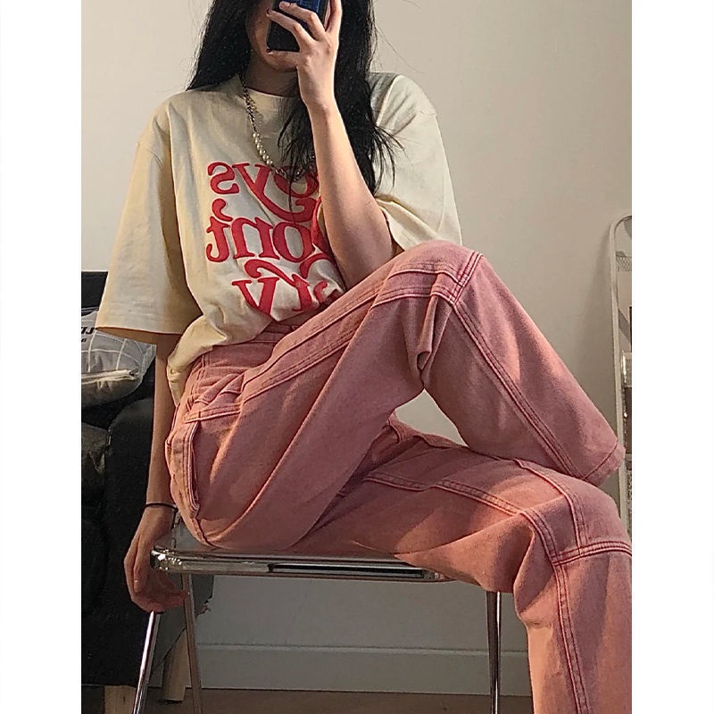 Quần Jean Dài Dáng Rộng Màu Hồng Nhạt Phong Cách Hip Hop Thời Trang Xuân Thu Cá Tính Cho Nữ