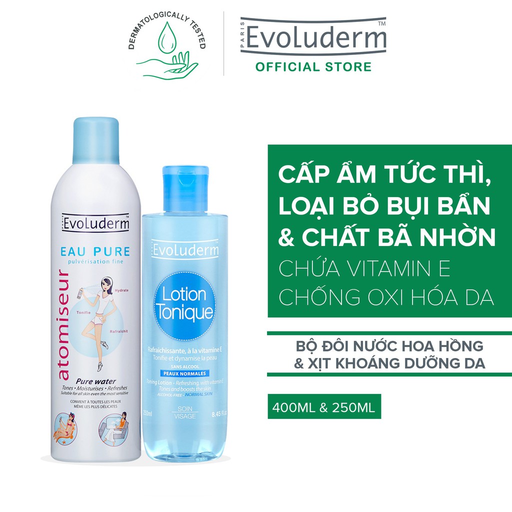 Bộ sản phẩm dưỡng ẩm và chăm sóc da Xịt khoáng Ecoluderm 400ml + Nước hoa hồng dành cho da thường 250ml