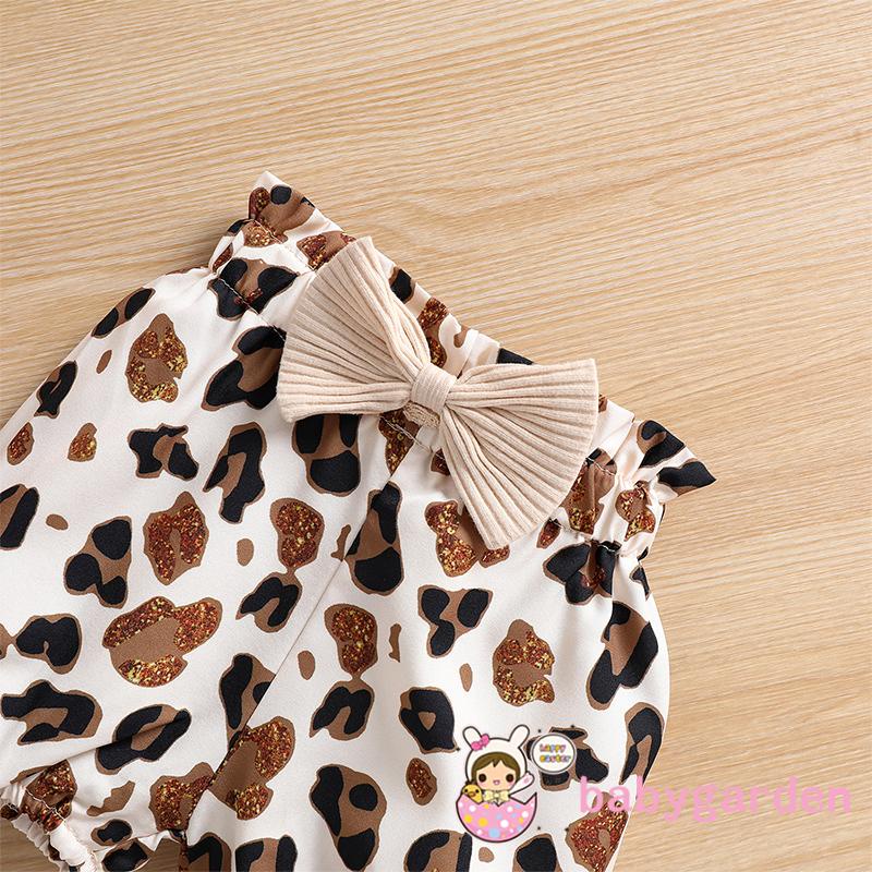 Bộ Áo Liền Quần Tay Ngắn Cổ Tròn In Họa Tiết Da Báo + Quần Short Thời Trang Cho Bé Gái 0-2 Tuổi