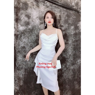 Đầm body nữ, đầm hai dây dự tiệc cổ đổ chất lụa bèo hông có mút sang chảnh (xưởng may Phương Nga)