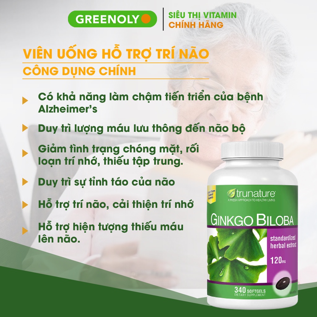 Viên Uống Bổ Não Ginkgo Biloba Trunature 120mg Tuần Hoàn Máu Não Tăng Cường Trí Nhớ Hộp 340 Viên