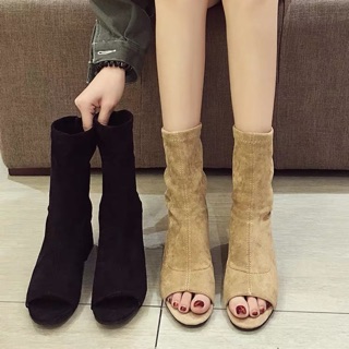 Sẵn be 36-đen 35 bốt da lộn hở mũi