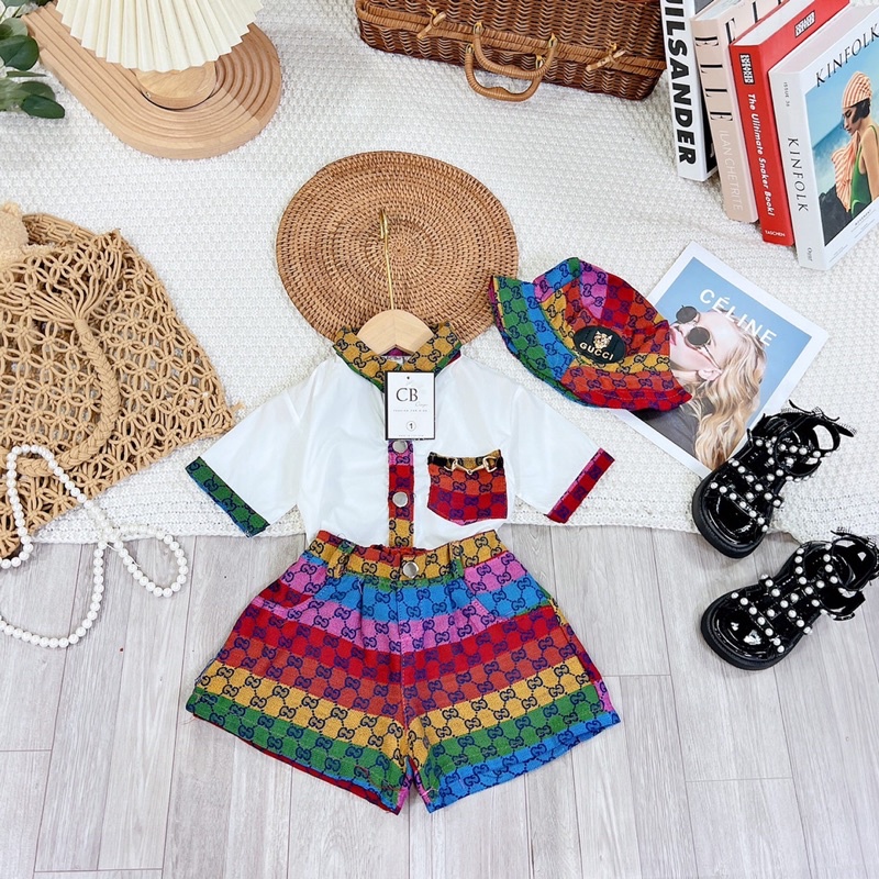 Set bộ GC sắc màu túi ngực kèm mũ nón cho bé gái