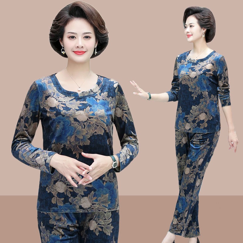 Phụ nữ trung niên và cao tuổi 2021 bộ đồ mùa xuân và mùa thu vàng nhung hai mảnh phù hợp với phong cách phương tây lỏng