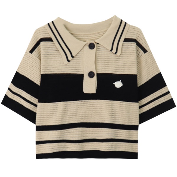 Áo Thun Dệt Kim Ngắn Dáng Rộng Họa Tiết Kẻ Sọc Thời Trang Mùa Hè Phong Cách Hàn Quốc Cho Nữ