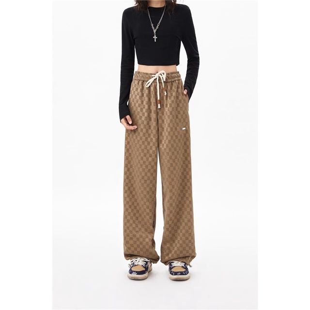 Quần dài thể thao ống rộng dáng suông in sọc caro thời trang hiphop đường phố retro Mỹ mùa xuân thu cho nam nữ