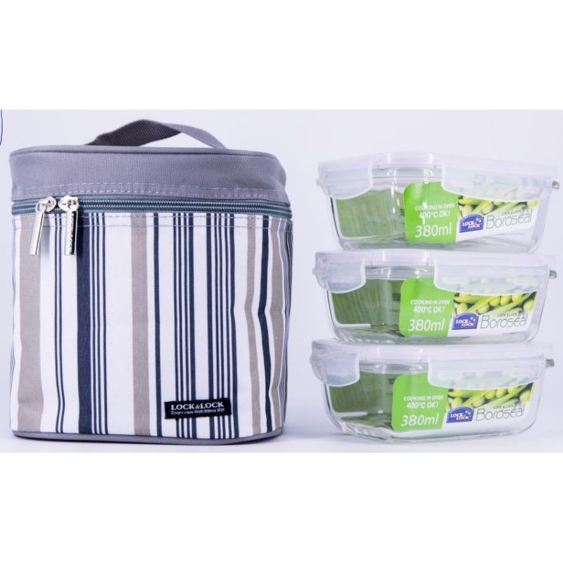 BỘ HỘP CƠM THUỶ TINH KÈM TÚI GIỮ NHIỆT LOCK&LOCK LLG422S3 (3x380ml) - màu kẻ xanh và màu kẻ đỏ | BigBuy360 - bigbuy360.vn