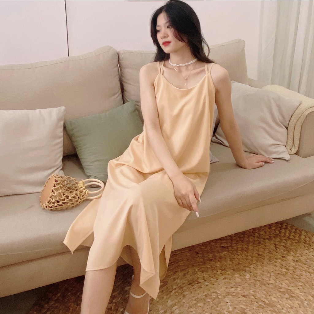 Đầm nữ thời trang nữ 💖 Freeship 💖Váy đầm nữ maxi hai dây dáng suông basic phong cách Hàn Quốc lụạ cao cấp THUNVA V18