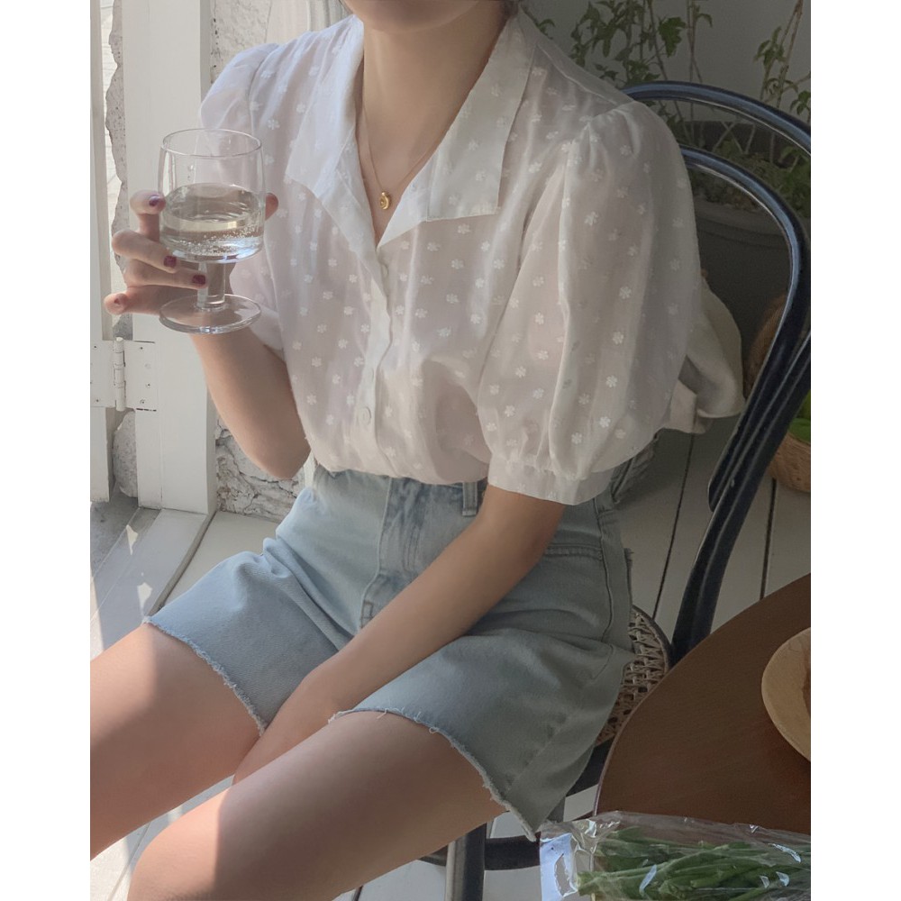 Áo kiểu Xiaozhainv tay phồng phối ren thêu họa tiết phong cách Hàn Quốc thời trang mùa hè cho nữ