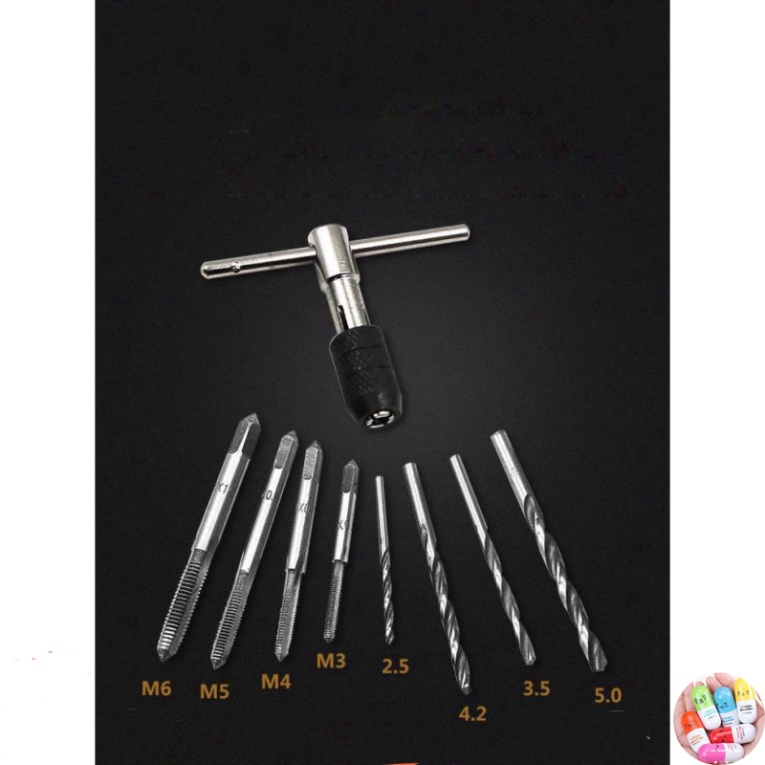 Tay quay taro tựng động hay bộ tạo ren trong (Gồm 4 mũi taro M3 - M6 và 4 mũi khoan)