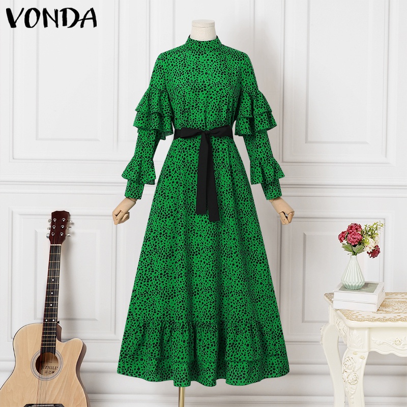 Đầm maxi VONDA xếp ly tay dài dáng rộng in họa tiết da báo phong cách vintage dành cho nữ
