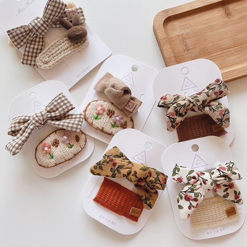 Set kẹp tóc nơ phụ kiện tóc trẻ em vintage phong cách Hàn quốc