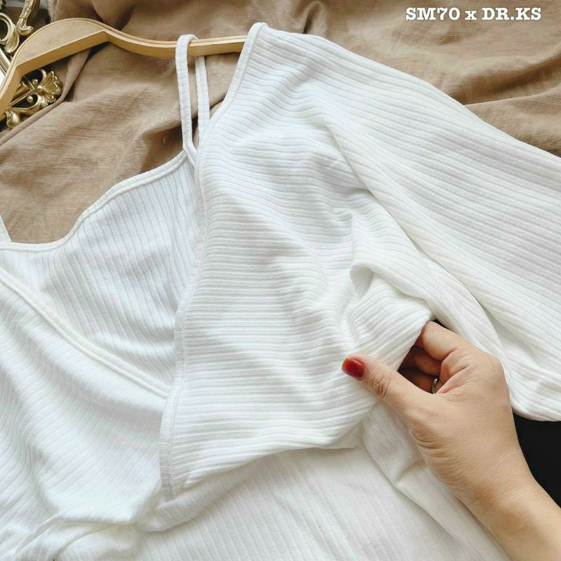Đầm body gân trễ vai phối tay dài cực hot