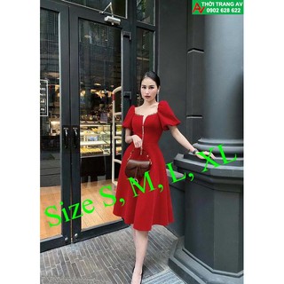 Đầm xòe cổ vuông phối ren đính ngọc tay dún - AV6435