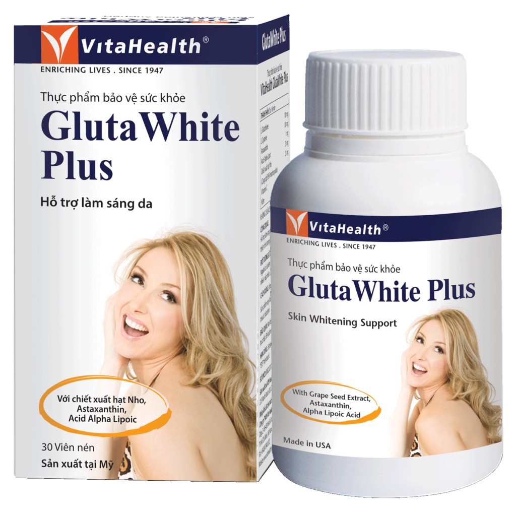 Viên Uống Trắng Da, Ngăn Lão Hóa,Thâm,Nám và Tàn Nhang VitaHealth Gluta White Plus (Hộp 30 viên)