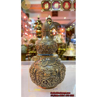 Hồ lô dây hoa cúc vạn thọ bằng đồng màu nâu giả cổ cao 20cm