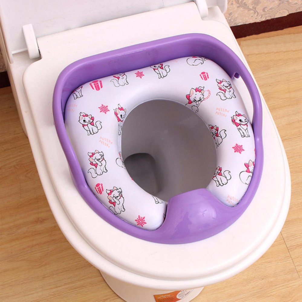 Đệm Lót Bồn Cầu Êm Ái Có Tay Vịn Cho Bé Hình Mèo Miu Miu Dể Thương F120 (Tím-Hồng)