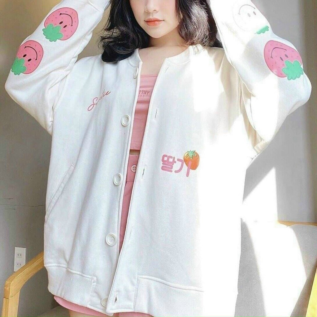 Áo khoác cardigan nữ in trái dâu tây siu dễ thương