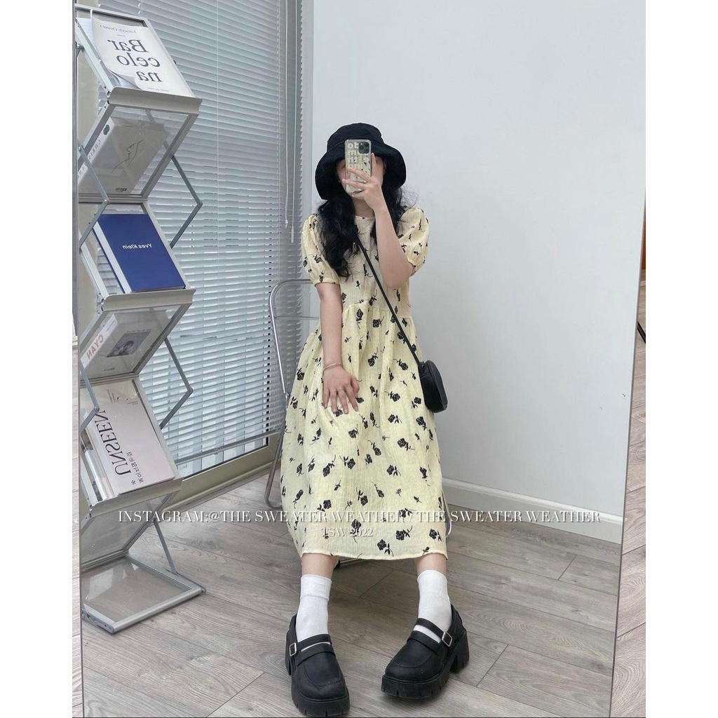 Đầm babydoll hoa nhí tay bồng, váy hoa dáng dài