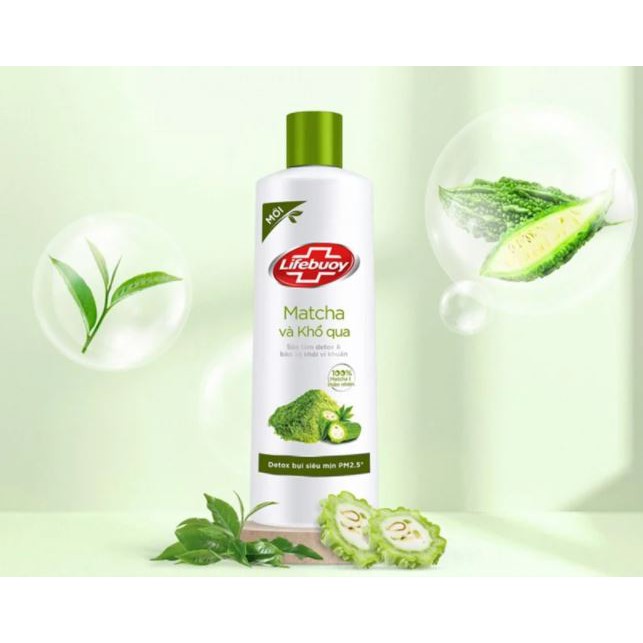 Sữa tắm detox và bảo vệ da khỏi vi khuẩn Lifebuoy Matcha, Khổ qua, Than Hoạt Tính, Tràm Trà &amp; Muối Hồng 850g