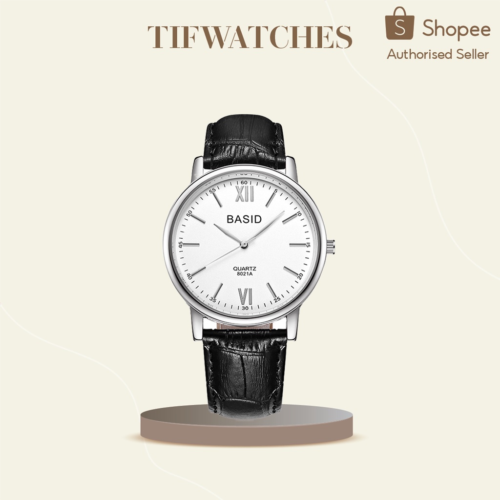 Đồng hồ cặp nam nữ dây da cá sấu BASID KIM đen mặt trắng đồng hồ đôi chính hãng Watchesbytif size 30mm & size 38mm