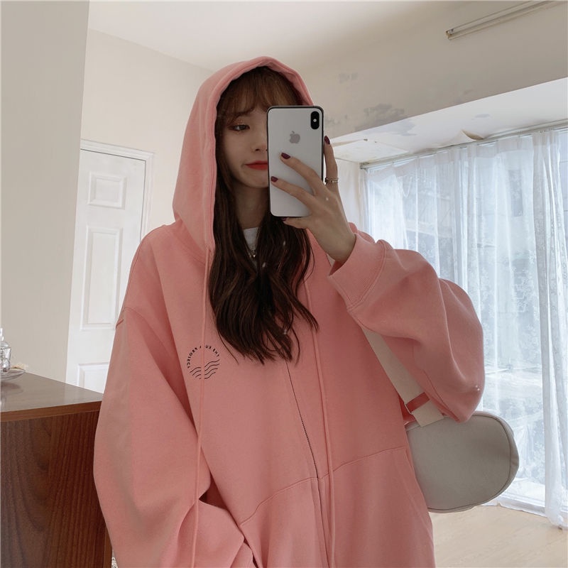 Áo khoác hoodie có khóa kéo dáng rộng mẫu mới phong cách Hàn Quốc mới thời trang mùa thu dành cho nữ