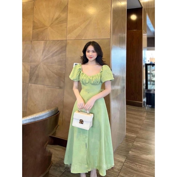 Đầm maxi nhíu ngực tay bồng xinh