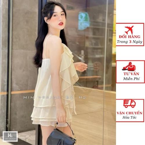 Set áo 2 dây voan tơ nữ cổ yếm bèo tầng kèm quần short tiểu thư bánh bèo đi biển ulzzang Hàn Quốc