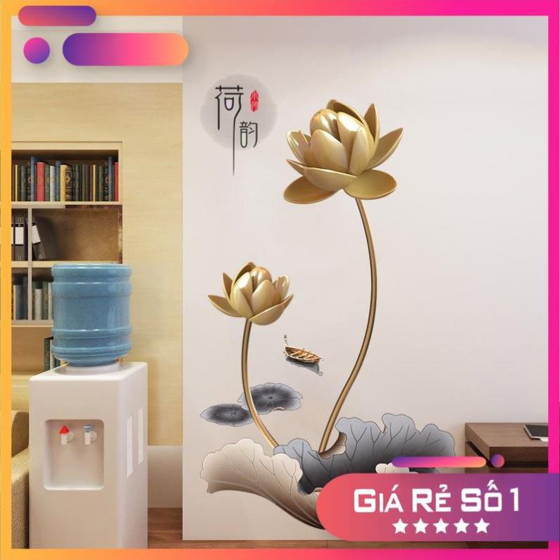 Tranh dán tường hoa sen vàng, Decal thư pháp chữ Hán,Tranh 3D trang trí phòng khách