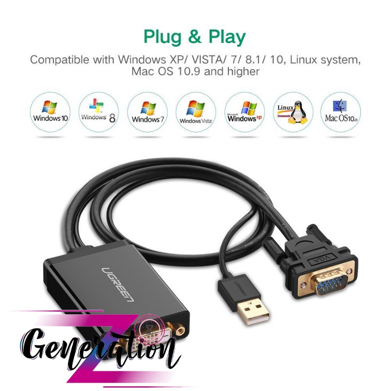 Cáp Chuyển VGA to DVI-D 24+1 hỗ trợ cổng nguồn USB Ugreen 30839