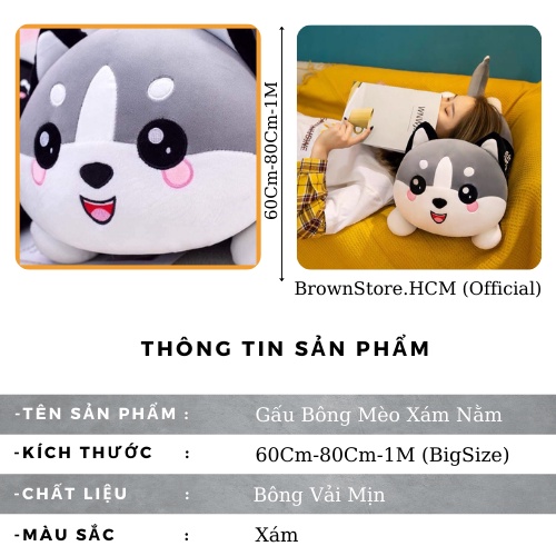 Gấu bông mèo xám nằm size 1M nhồi bông dễ thương cao cấp ZinZon