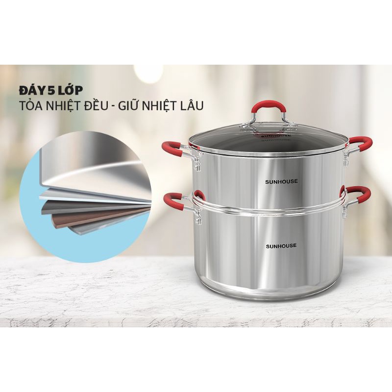 Xửng Hấp Inox,nồi hấp xôi 5 Đáy Sunhouse SHG507-28 Size 28cm,size 24 Đáy Từ Dùng Mọi Bếp - Hàng Chính Hãng