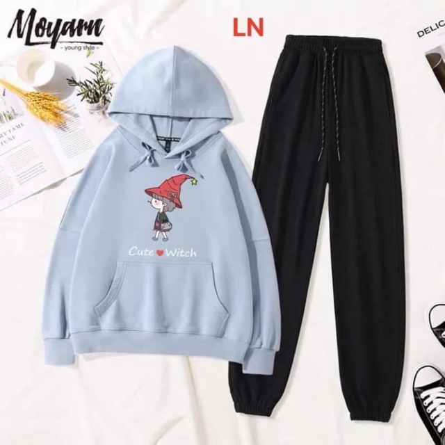 Set bộ áo hoodie nỉ mũ túi bụng in cô gái mũ đỏ + quần bom chun gấu