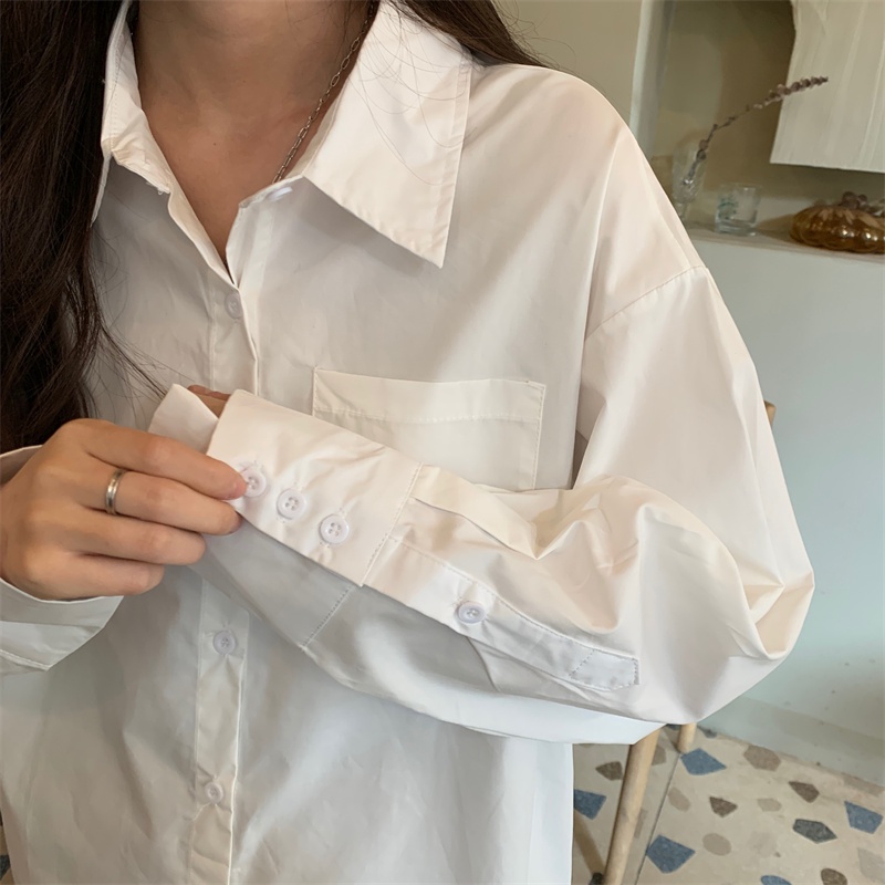 Áo Sơ Mi Tay Dài Dáng Rộng Phối Túi Thiết Kế Oversized Cho Phái Nữ