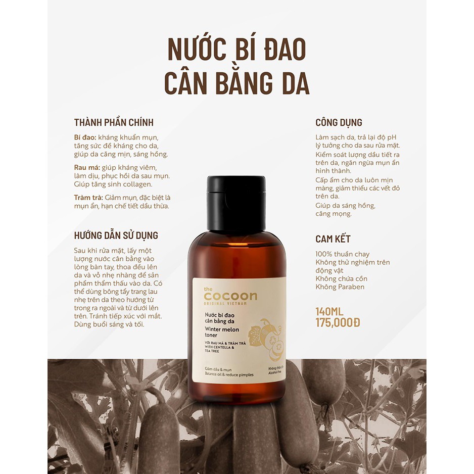 Nước bí đao cân bằng da Cocoon Winter Melon Toner 140ml không cồn, dành cho da dầu mụn