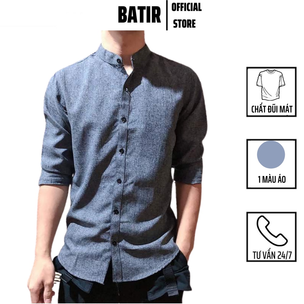 Áo sơ mi đũi cổ tàu BATIR chống nhăn, sơ mi nam dáng ôm màu xám tiêu dáng ôm body