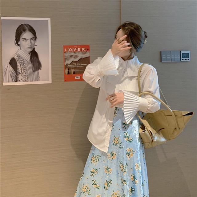 [Mã WAMT1505 giảm 10K đơn 0K] Set Áo Sơmi Cổ Quạt Kèm Váy Hoa Thanh Lịch Công Sở | BigBuy360 - bigbuy360.vn