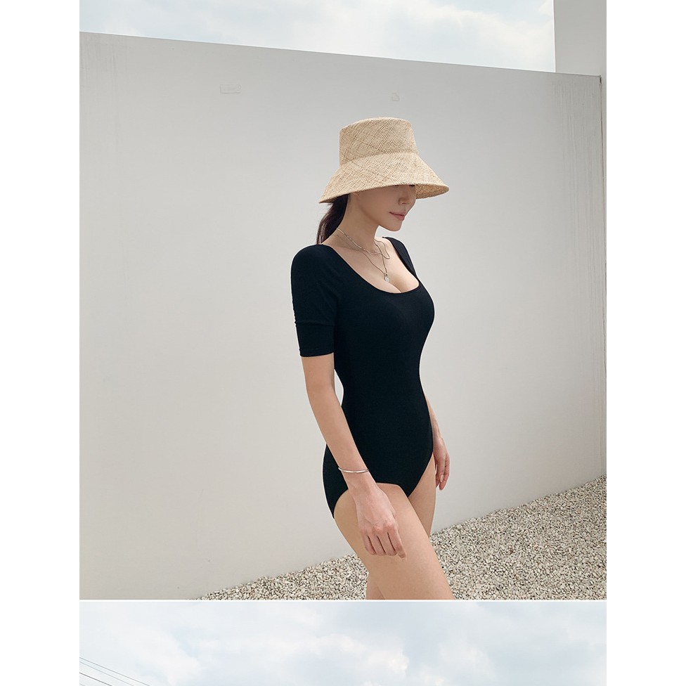BIKINI Bộ đồ bơi nữ đi biển 1 mảnh liền cộc tay - Dây ngang lưng (Đen trơn)