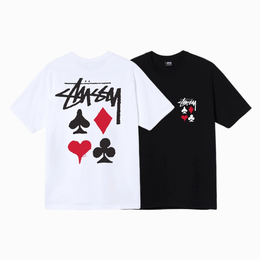 STUSSY Áo Thun Cotton Ngắn Tay In Hình Lá Bài Poker Trái Tim Đỏ Thời Trang Cho Cặp Đôi