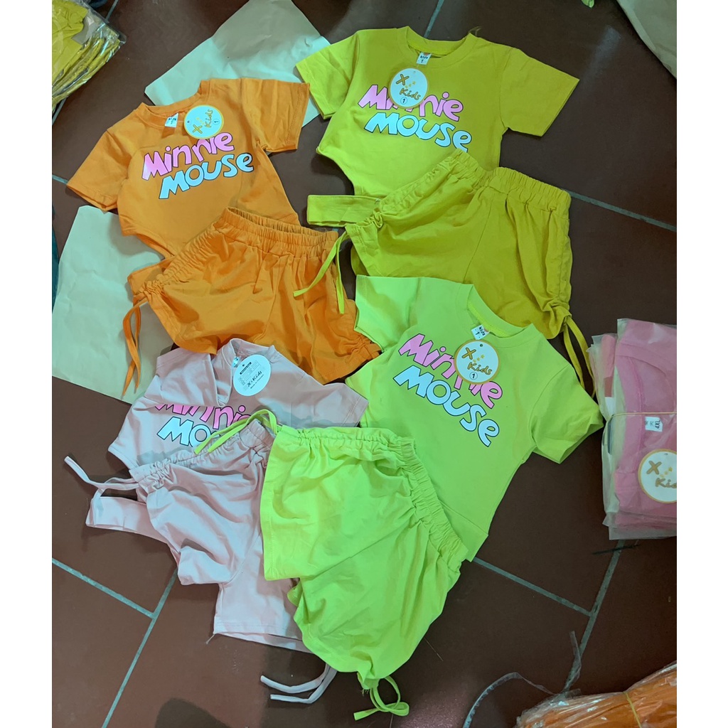 Bộ bé gái, bộ áo khoét eo Minnie quần rút dây 2 bên hông sành điệu cho bé size 20-35kg