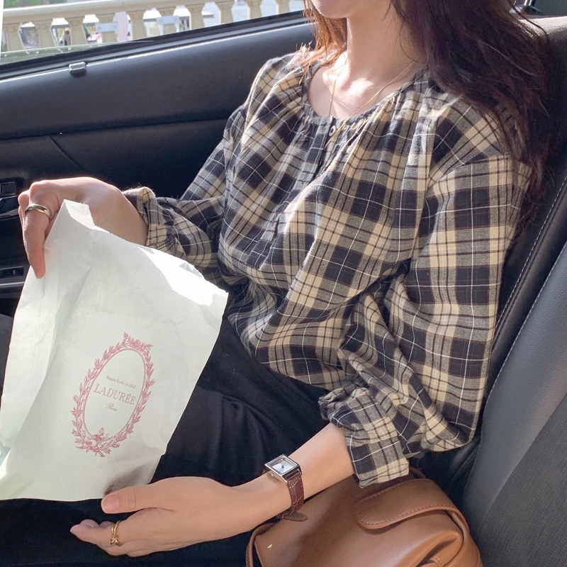 Áo kiểu tay dài họa tiết sọc caro phong cách retro thời trang Hàn Quốc