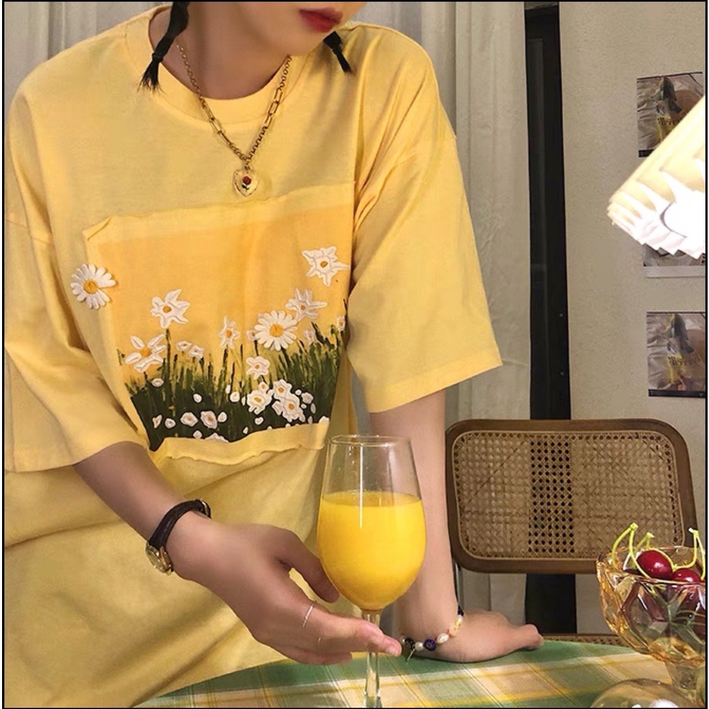 Áo Thun Vàng May Hoa Nhí PEONYB Nữ [FREESHIP]  Phông form rộng ngắn tay lỡ phong cách vintage cá tính Ulzzang